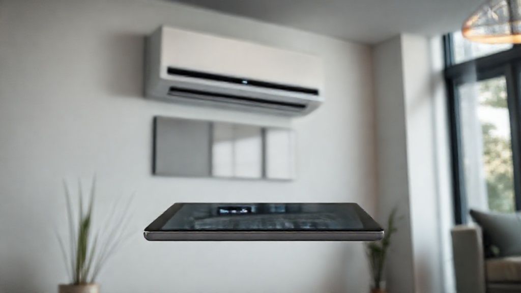 Sleek HVAC unit in modern home reflects smart marketing on a polished tablet.