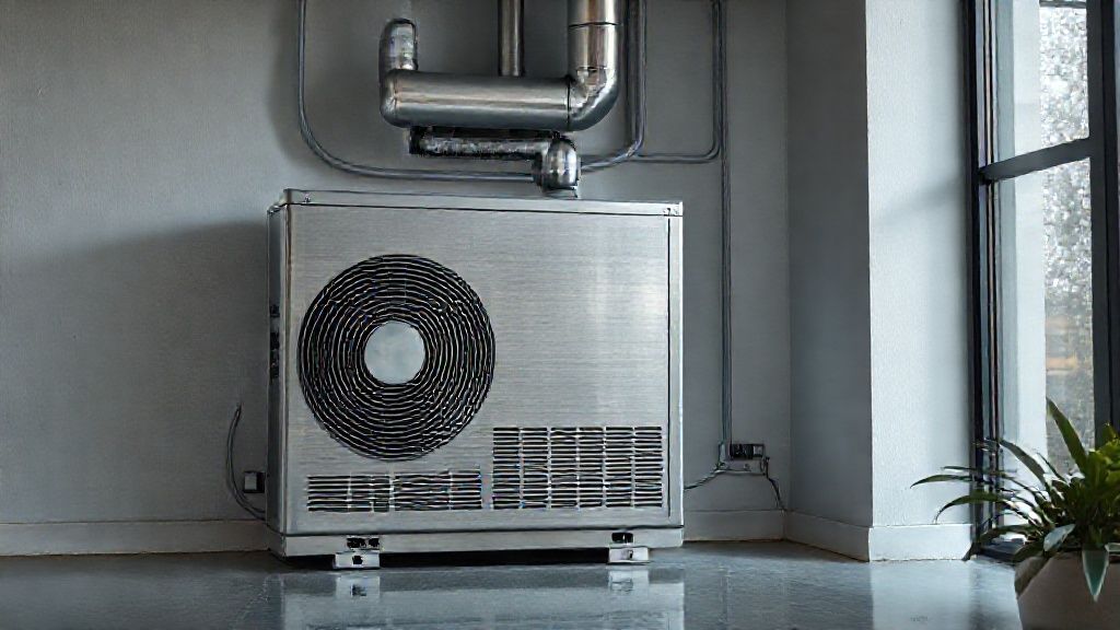 Sleek HVAC unit nestled in a modern Chicago home, textured metal, pristine cooling comfort.