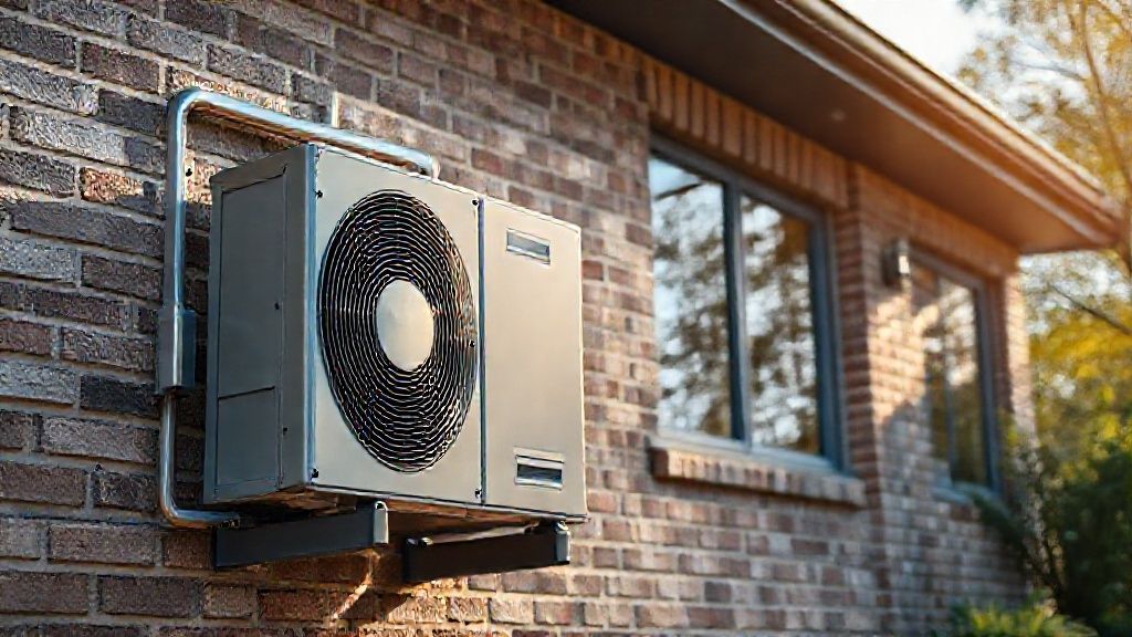 Sleek HVAC unit, modern home, cool metal, textured brick, Atlanta sunshine.