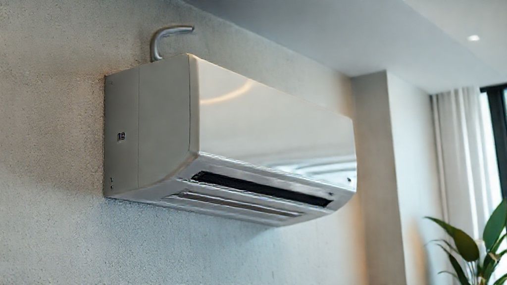 Sleek HVAC unit, modern Miami home. Clean metal, textured walls, cool, comfortable living.