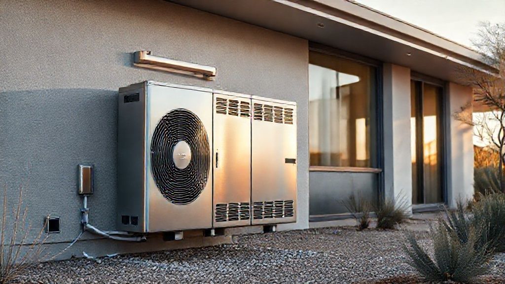 Sleek HVAC unit blends into modern Phoenix home; metallic textures, clean lines, desert light.