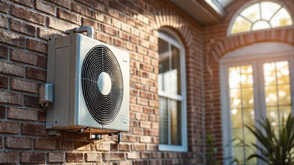 Sleek HVAC unit, textured brick home, sunlit Tampa room: modern comfort, perfect temperature.