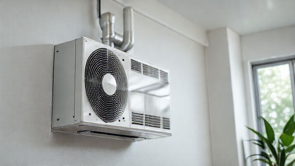 Sleek HVAC unit, modern Houston home. Clean lines, metal textures, bright, airy, comfortable.