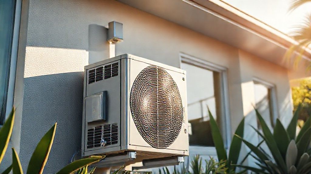 Gleaming HVAC unit amidst sleek, sun-drenched LA home. Modern, clean, efficient.