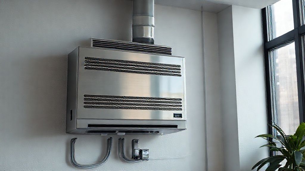 Sleek HVAC unit blends seamlessly into a modern NYC apartment, textured metal and clean lines.