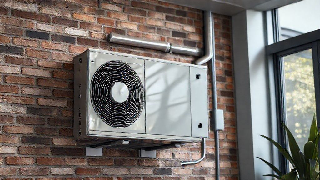 New HVAC unit gleams in a modern Atlanta home; textured brick, polished metal.