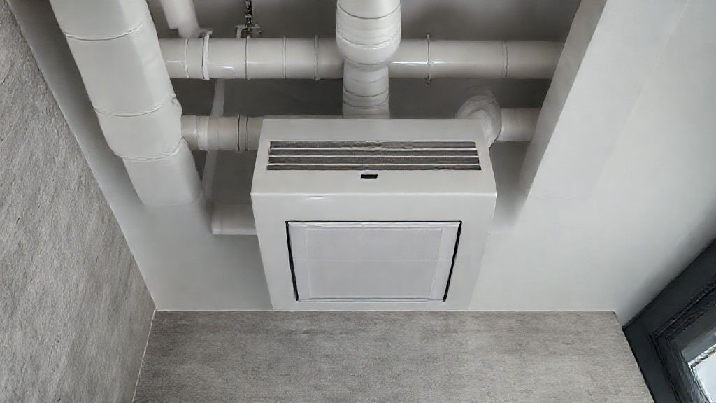 Sleek HVAC unit in modern Indiana home; clean ducts, textured walls, smart thermostat.