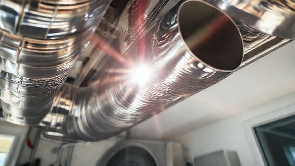 Shiny ducts, clean unit, modern home. Sunlight highlights textures. Chula Vista HVAC expertise visualized.