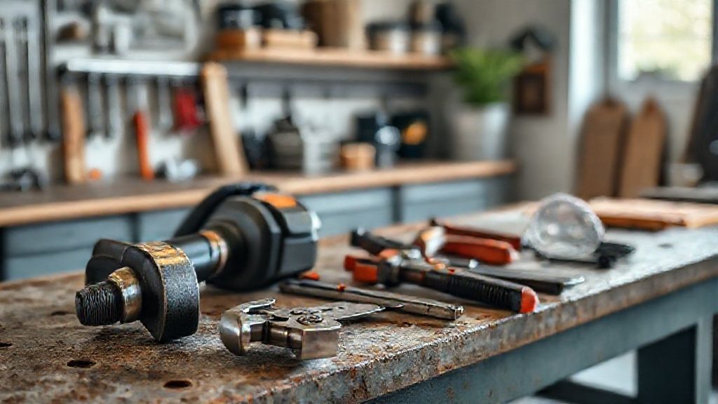 Gleaming HVAC tools rest on a textured workbench in a modern, comfortable home.