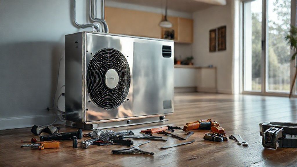 Shiny HVAC unit, tools scattered on wood floor, modern home in background.
