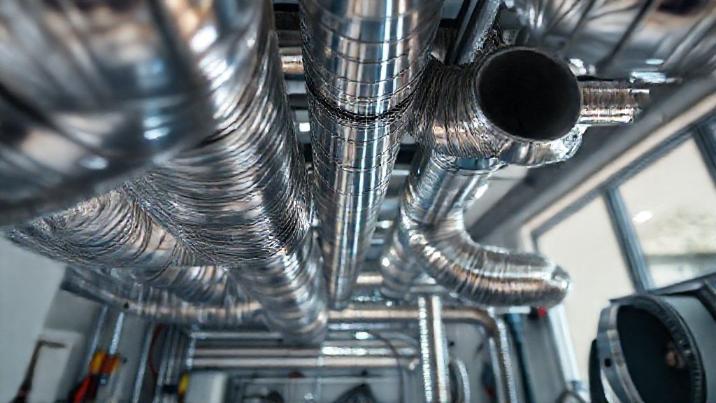 Shiny ducts & tools reflect in a modern home; HVAC business built with quality.