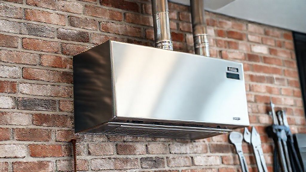 Shiny HVAC unit contrasts textured brick wall, modern home. Stainless steel tools suggest expert installation.