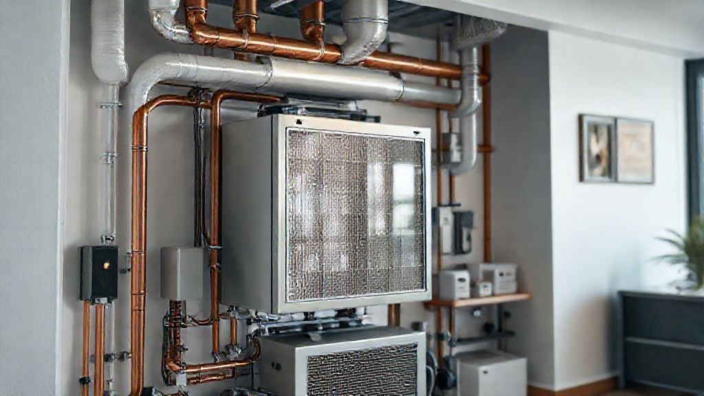 Gleaming HVAC unit in a modern home; pristine filters, copper pipes, organized workspace.