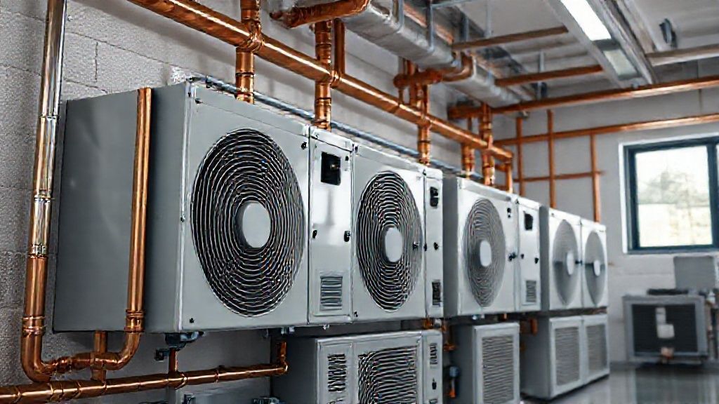 Shiny new HVAC units in modern homes, copper pipes, clean textures, expansion ready.