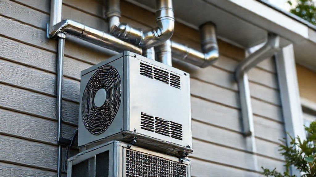 Gleaming HVAC unit cools modern home. Shiny ducts, textured siding whisper: quality, comfort, new business.