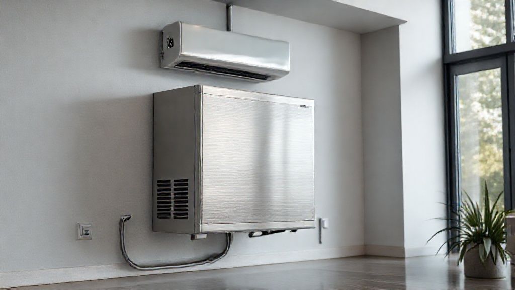 Sleek HVAC unit blends seamlessly in modern home; textured metal reflects quality service.