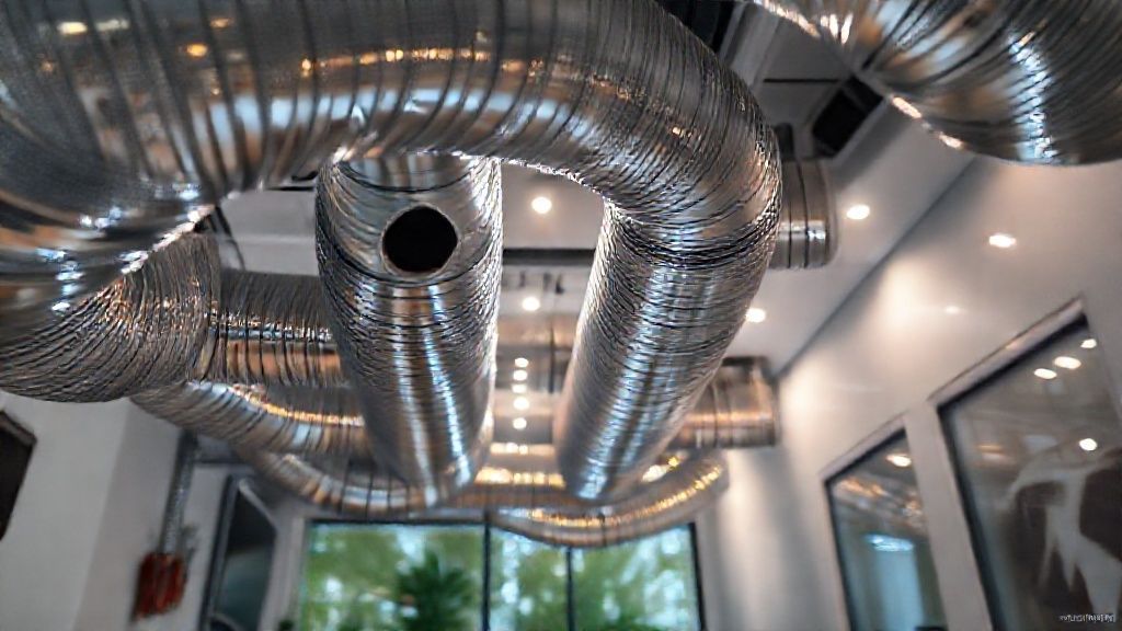 Shiny ducts snake through a modern home, promising comfortable air, highlighting digital-age HVAC solutions.