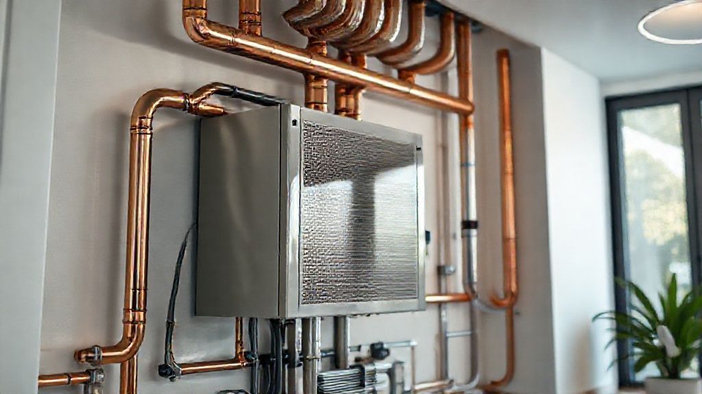Gleaming HVAC unit in a modern home; polished copper pipes, successful future.