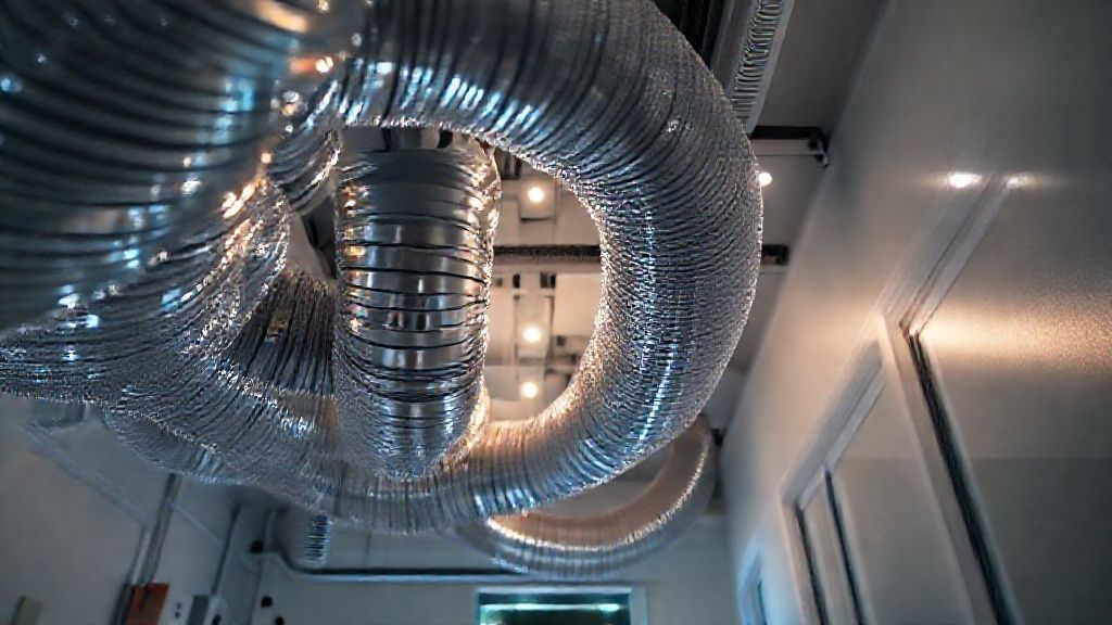 Gleaming ducts snake through a modern home; tangible comfort hints at essential service.