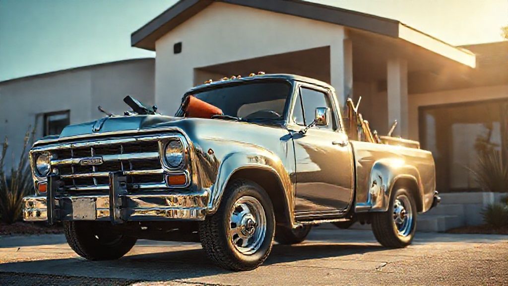 Shiny truck, tools glinting, perched outside a modern, sun-drenched California home.