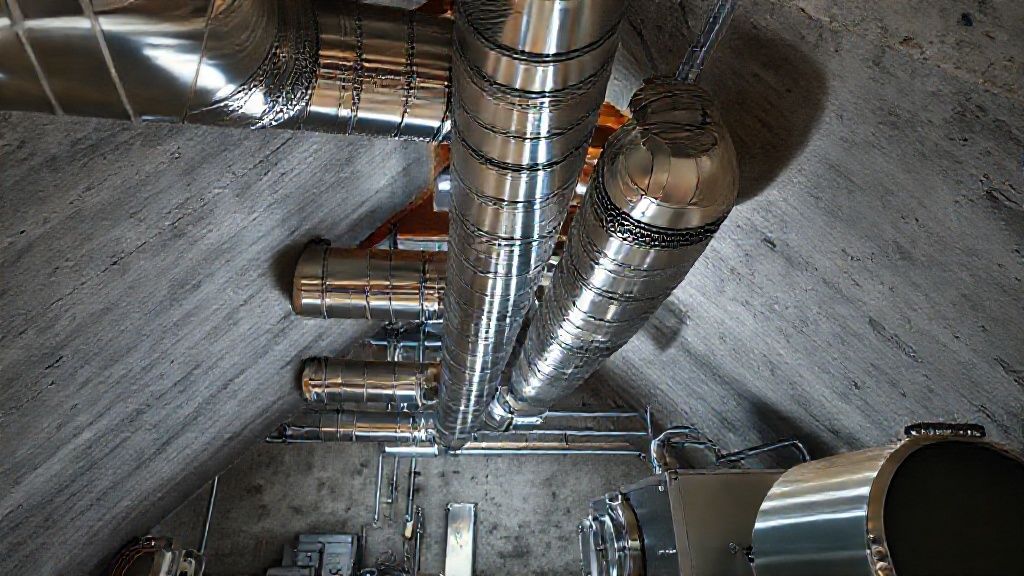 Shiny ductwork snakes through a modern Texas attic, gleaming equipment against a textured drywall backdrop.