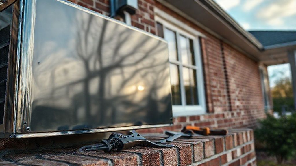 Shiny HVAC unit reflects modern home; tools rest on textured brick; Alabama sky visible.