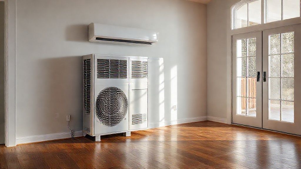 Shiny new HVAC unit contrasts warm wood floors in modern Georgia home.