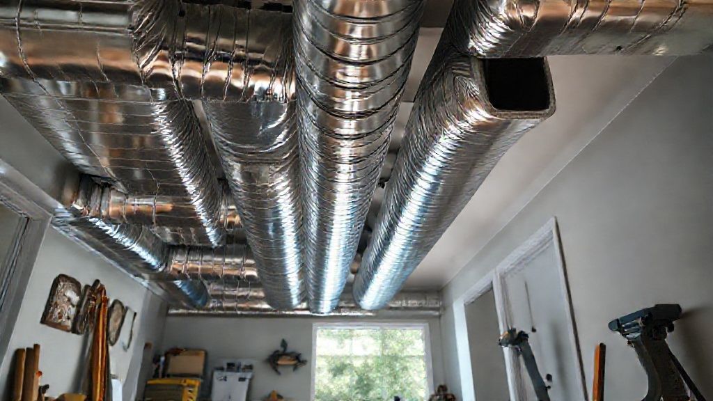 Shiny ductwork in a modern Illinois home, tools nearby, suggesting a fresh start in HVAC.