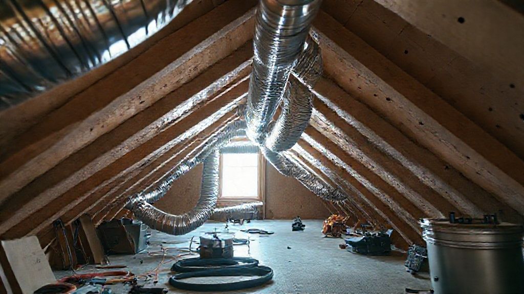 Shiny ductwork snakes through a modern attic in a new Indiana home; gleaming tools nearby.