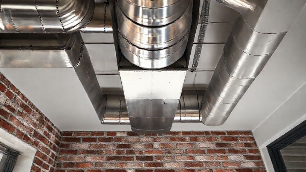 Shiny ductwork connects to a new unit inside a modern Louisiana home, brick texture visible.