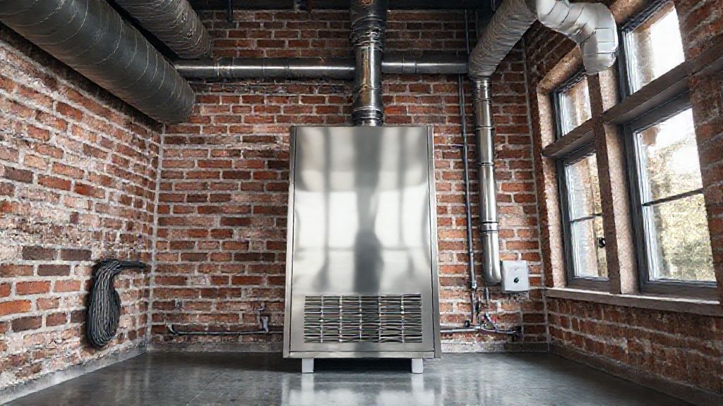 Shiny HVAC unit sits amidst exposed brick and modern ducts in a stylish Maryland home.