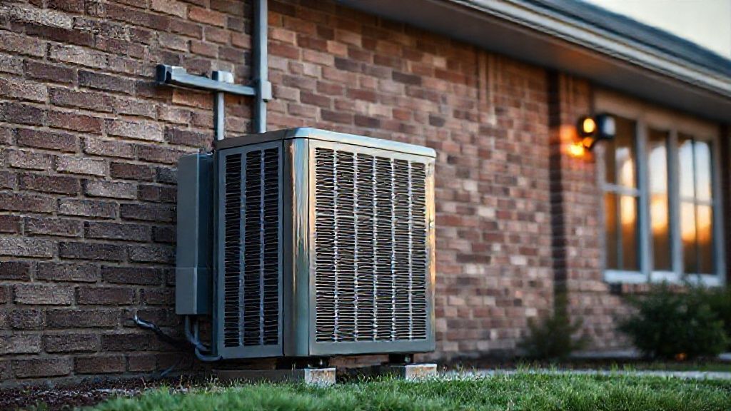 Shiny new HVAC unit against a textured brick home, modern thermostat glow, Missouri landscape.
