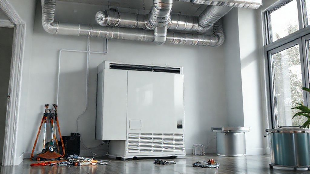 Clean HVAC unit in modern home, ductwork visible, gleaming tools nearby, suggesting new business start.