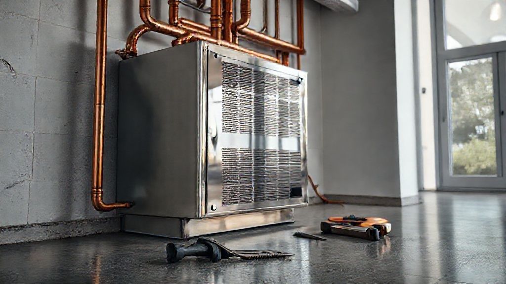 Shiny new HVAC unit reflects modern home; copper pipes gleam, tools rest on textured floor.
