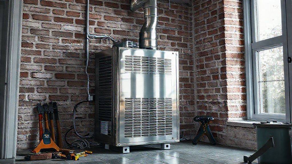 Shiny HVAC unit in modern home, brick texture, tools nearby, suggesting startup ambition.