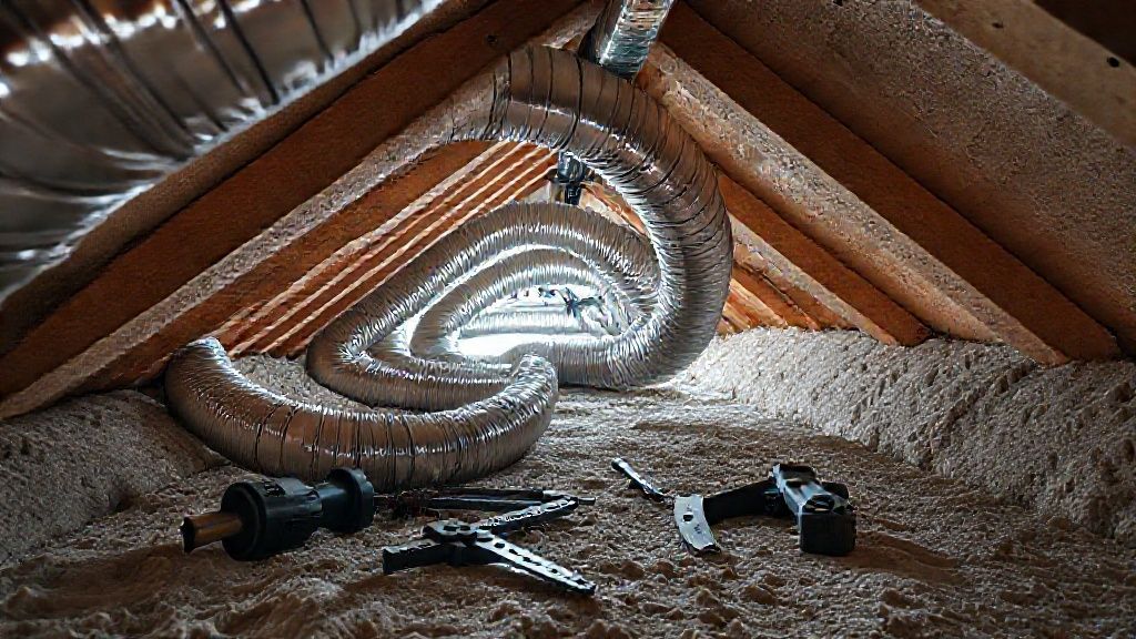 Shiny ducts snake through a modern attic, tools resting on textured insulation - business startup.