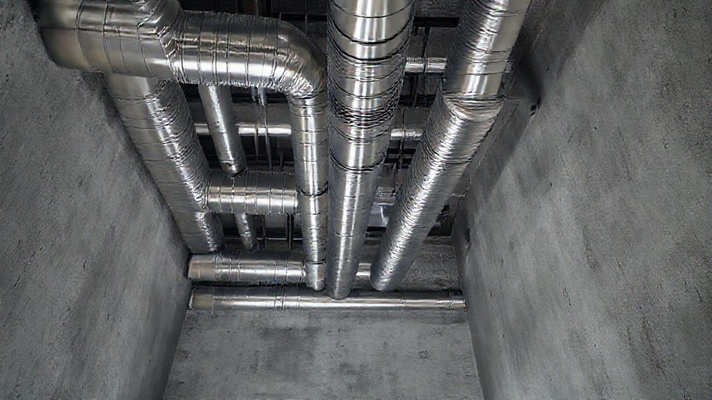 Shiny ducts weave through modern home's textured walls, new HVAC unit gleaming.