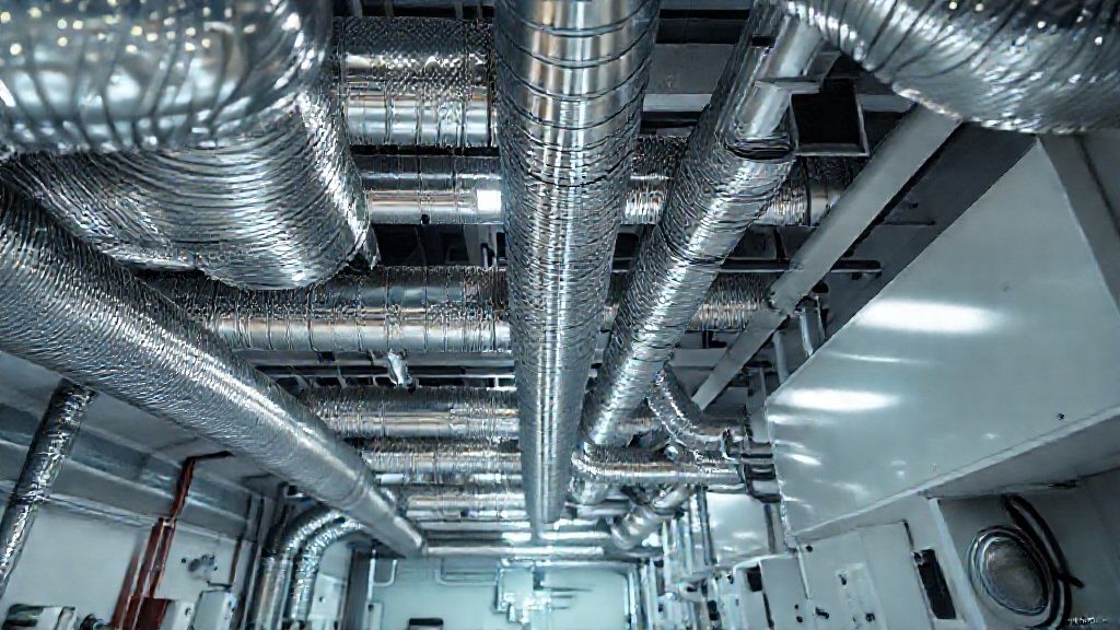 Shiny ducts weave through a modern home, promising comfort with textured metal and pristine equipment.