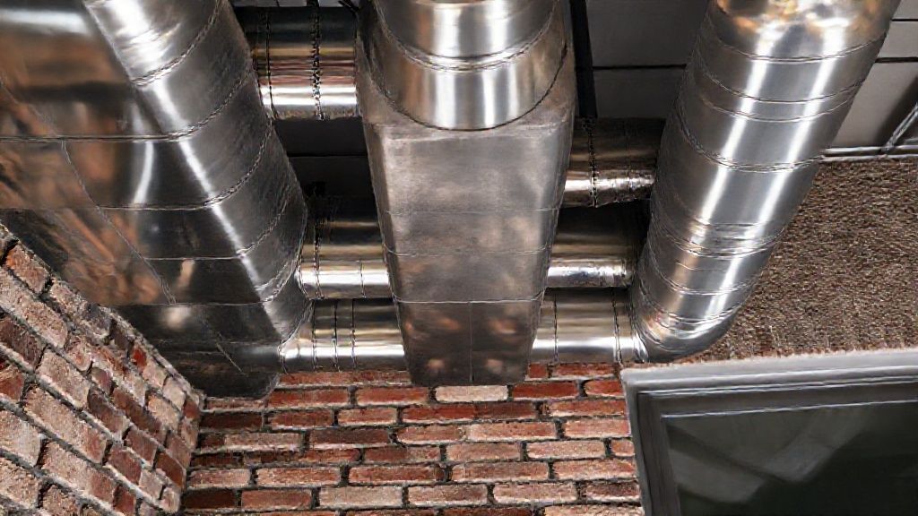 Shiny ductwork contrasts rough brick, modern home; HVAC unit gleams, ready for Colorado business.