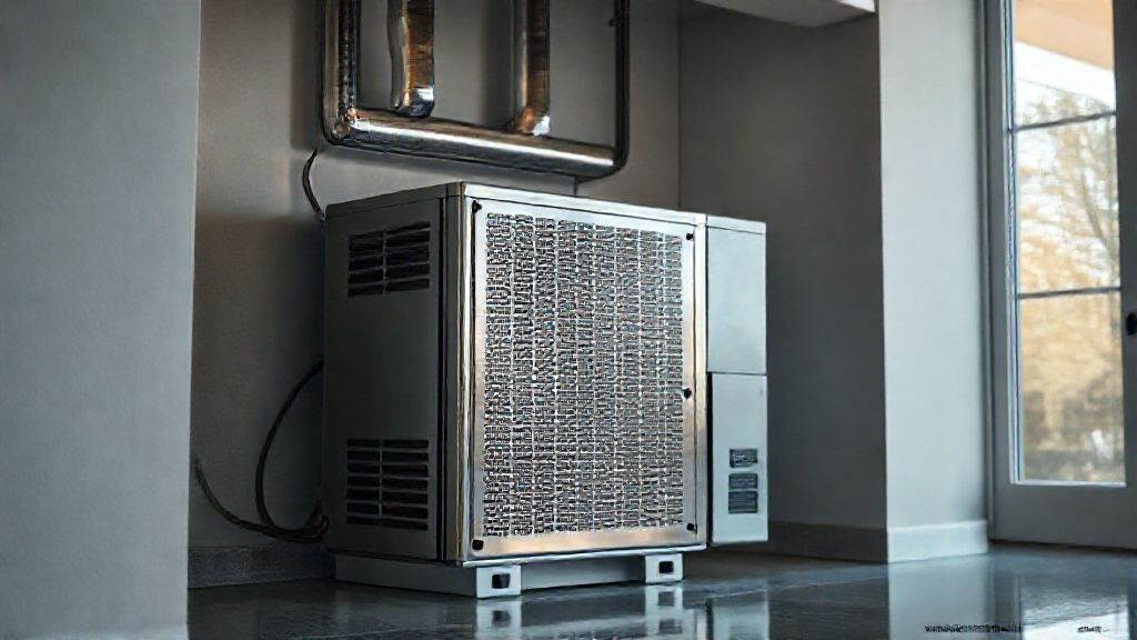 Gleaming HVAC unit nestled in a modern Michigan home, textured metal and sleek design.