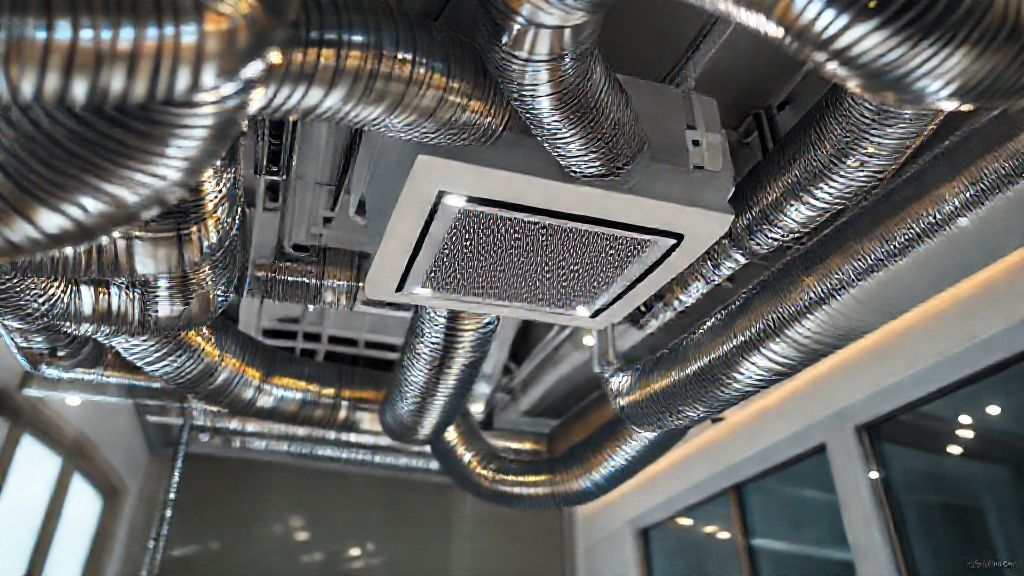 Shiny ducts snake through a luxury home; gleaming AC unit promises comfort and industry growth.