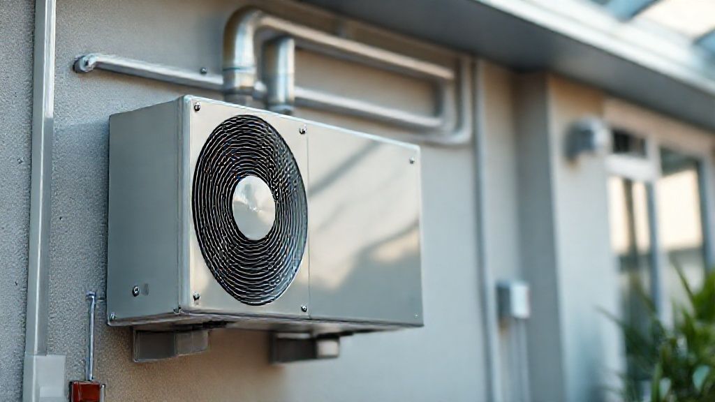 Sleek HVAC unit, modern home backdrop. Shiny metal, clean filters, hinting at US market size 2024.