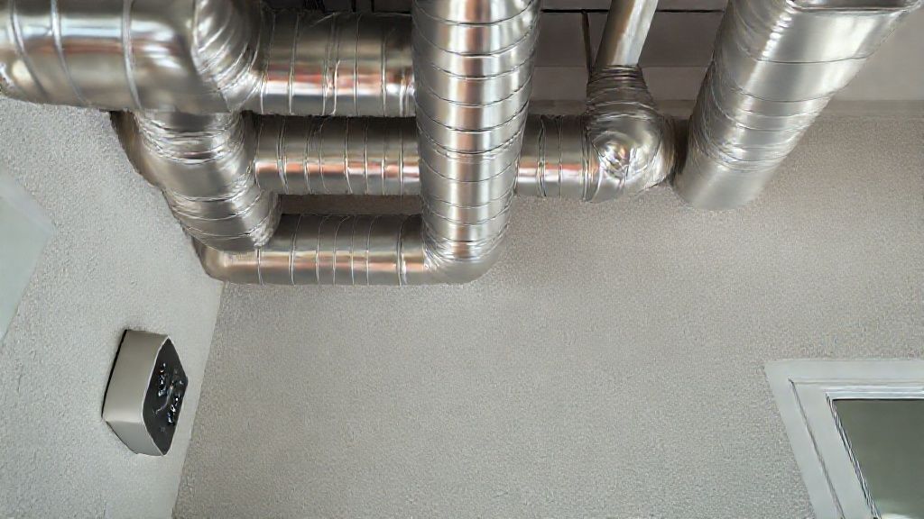 Shiny ducts, textured wall, modern thermostat; bright, airy US home. HVAC unit visible.