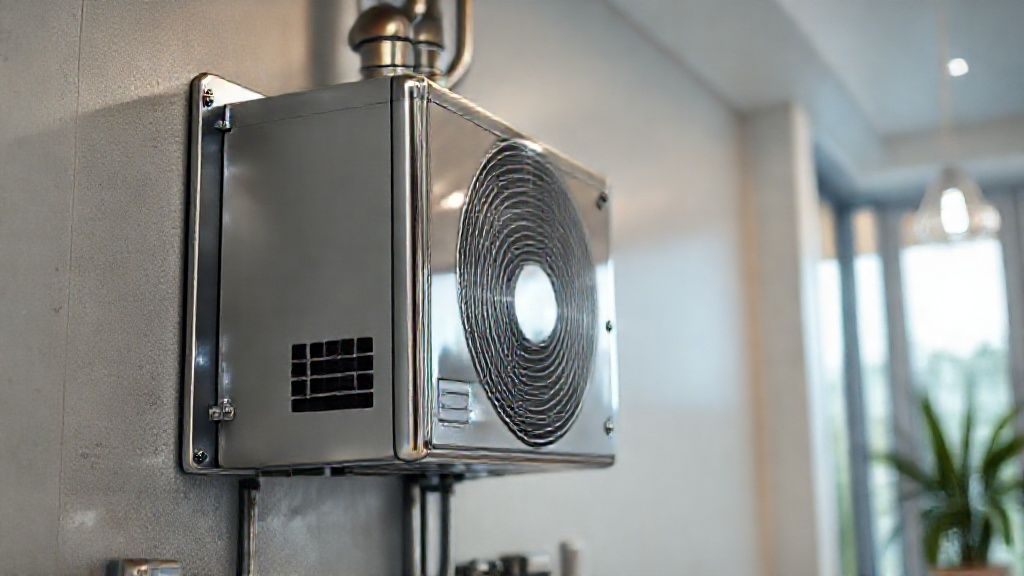 Gleaming HVAC unit, modern home. Metallic textures, clean design showcasing US HVAC services.