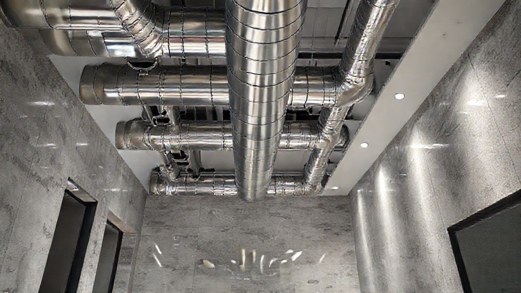 Shiny ductwork, textured walls in modern home, gleaming unit; large, unseen market.