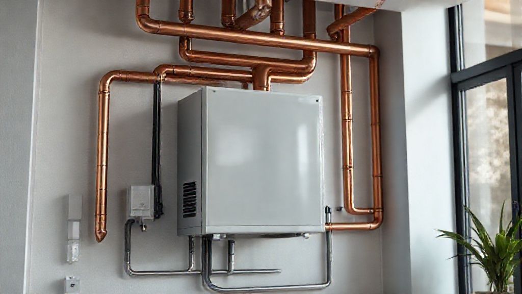 Sleek HVAC unit in modern home, copper pipes gleam, cool air texture; $2024 revenue.