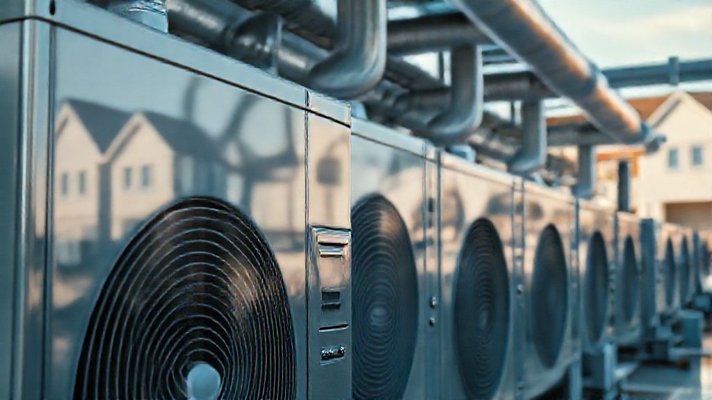 Sleek HVAC units, modern homes reflected in polished surfaces, hinting at vast commercial scale.