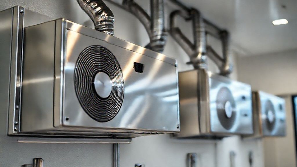 Shiny new HVAC units in modern homes, metal textures gleam. Cooling comfort implied.