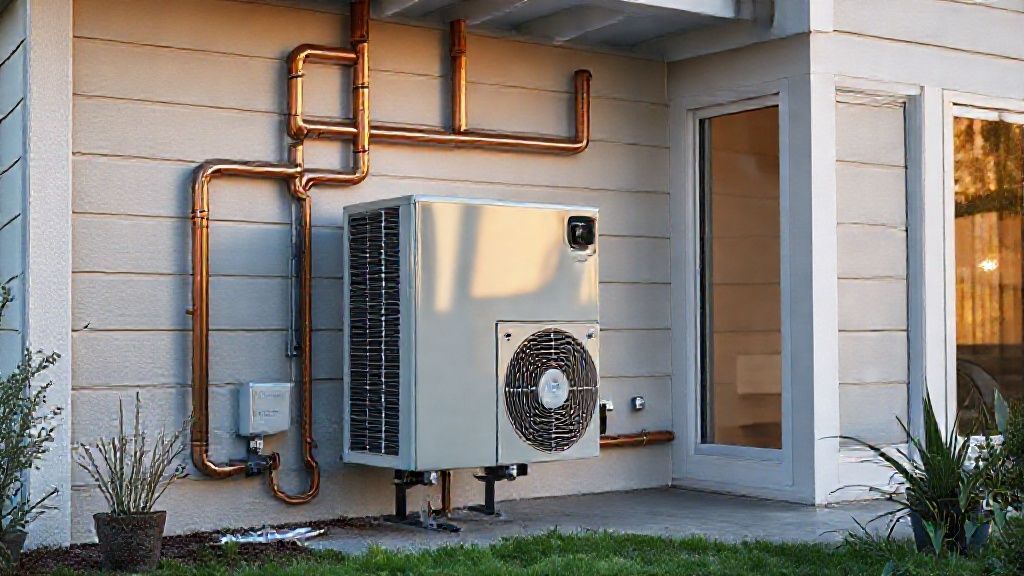 Shiny split system blends seamlessly into a modern home; visible copper pipes connect outside unit.