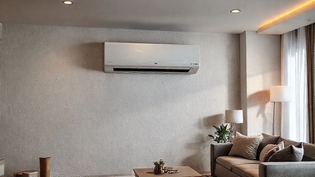 Sleek ductless unit mounted in a modern living room, textured wall, comfortable lighting.